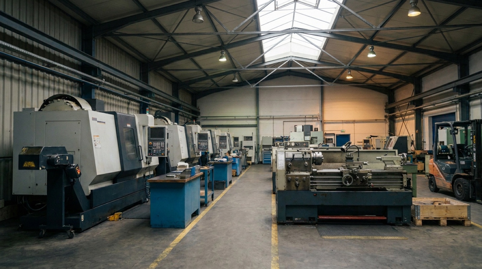Maschinenhalle mit CNC-Maschinen und Drehbank, die Anlagen tragen Inventarnummern