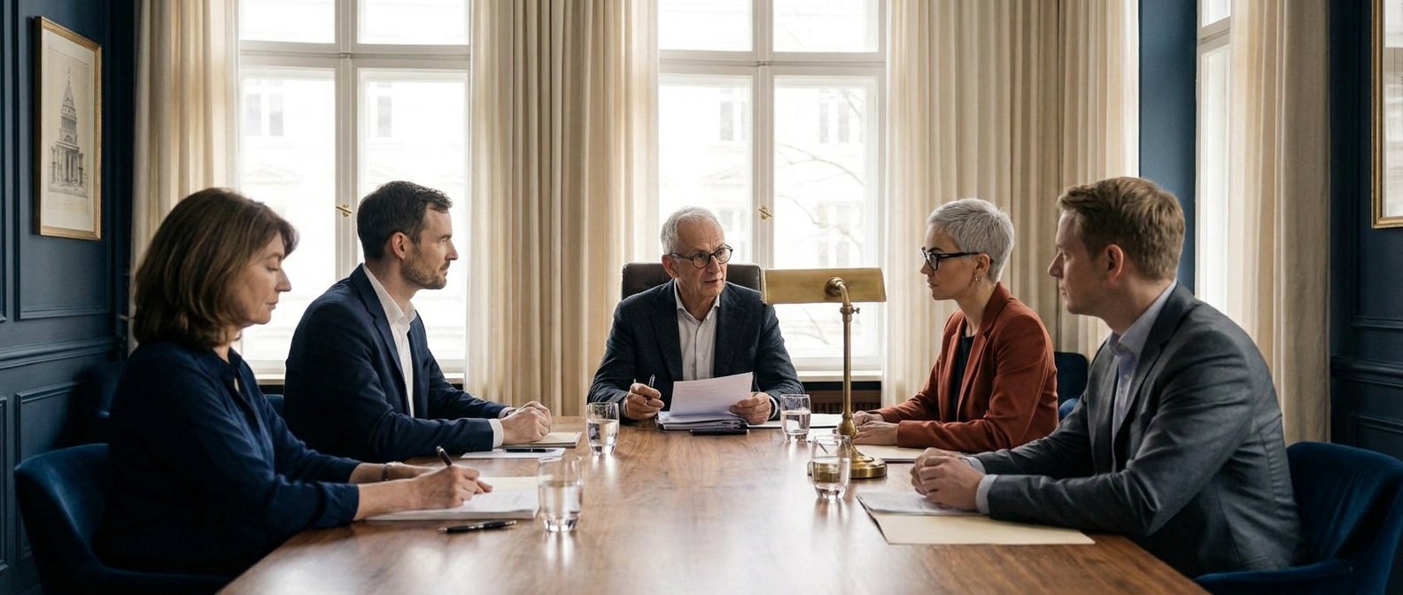 Gesellschafterversammlung am Konferenztisch der Kanzlei, Unterlagen und Wassergläser auf dem Tisch