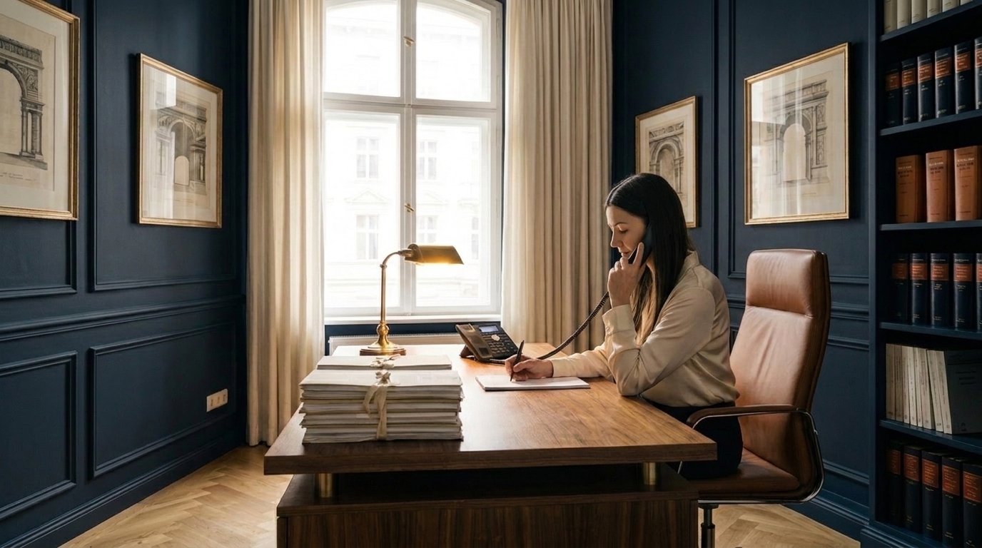 Mitarbeiterin des Gläubigerservice nimmt am Schreibtisch während eines Telefonats ein Anliegen auf