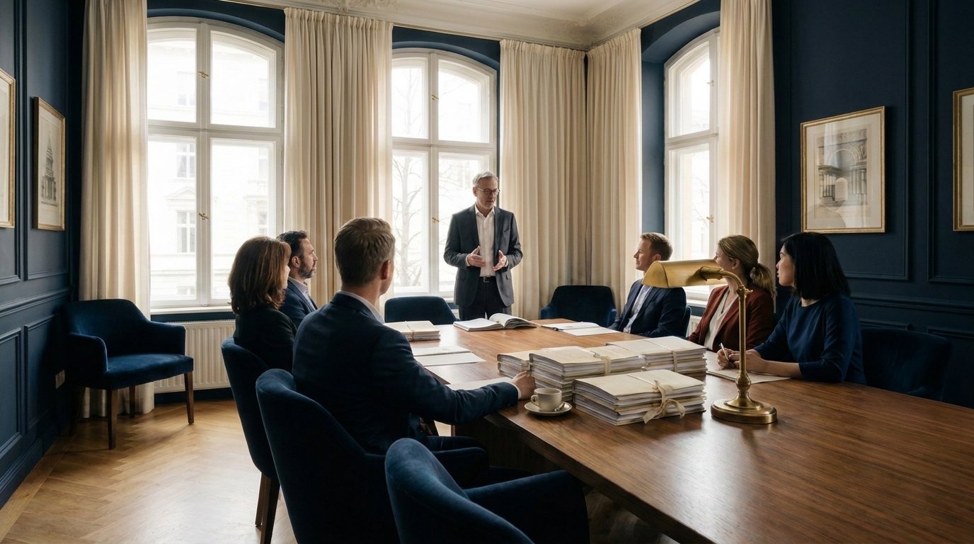 Gl&auml;ubigerversammlung im Konferenzraum der Kanzlei &mdash; am Kopfende des Tisches wird der Insolvenzplan vorgestellt
