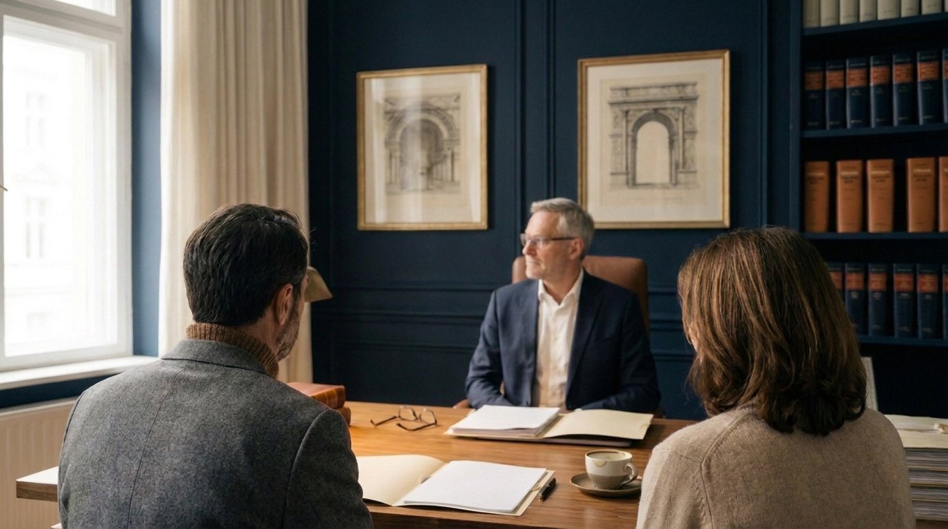 Beratungsgespräch in der Kanzlei: Berater hinter dem Schreibtisch, ein Mandantenpaar von hinten, geöffnete Unterlagen