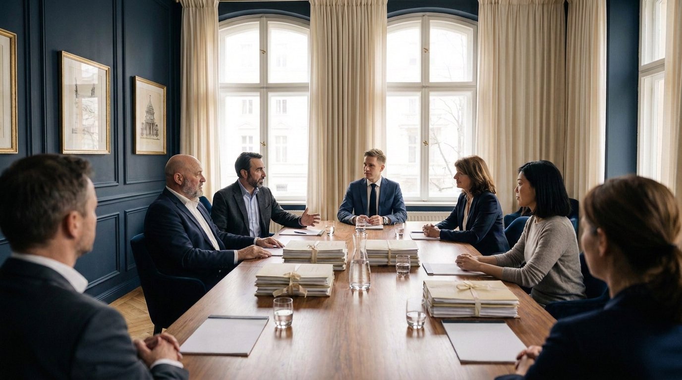 Besprechung eines Gläubigerpools am Konferenztisch der Kanzlei — Unterlagen mit cremefarbenen Bändern