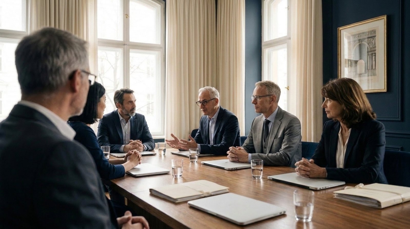 Verhandlungssituation mit Finanzgläubigern am Konferenztisch der Kanzlei
